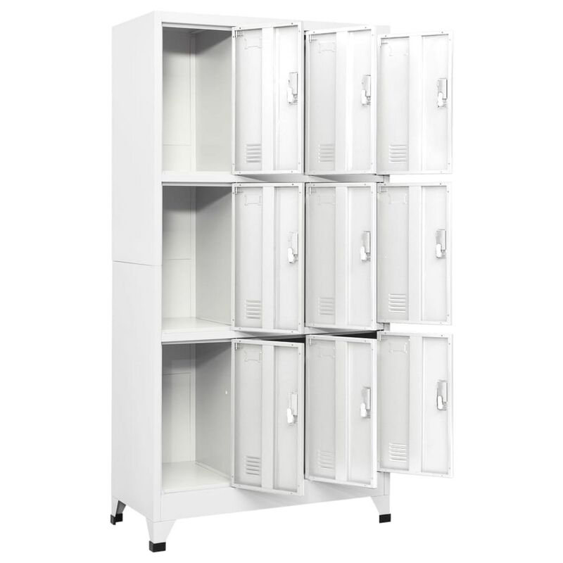 Rim Locker Cabinet, 9 Storage Compartments, Gray Steel Metal, 71 Inch - Benzara