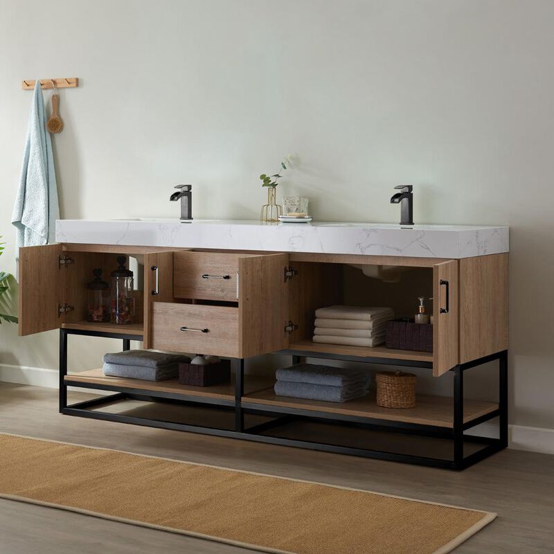 Vinnova Design 72B Double Vanity with White Grain Stone Countertop Without Mirror