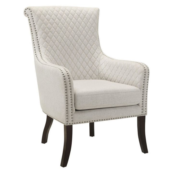 33 Inch Accent Armchair, Diamond Stitched Design, Beige Textured Polyester - Benzara