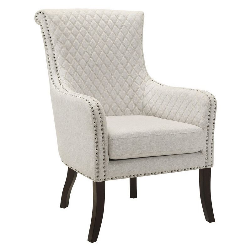 33 Inch Accent Armchair, Diamond Stitched Design, Beige Textured Polyester - Benzara