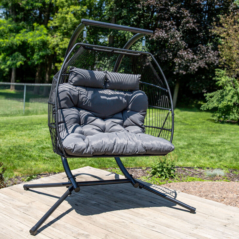 Sunnydaze Polyrattan Andrei Double Egg Chair with Cushion - Dark Gray