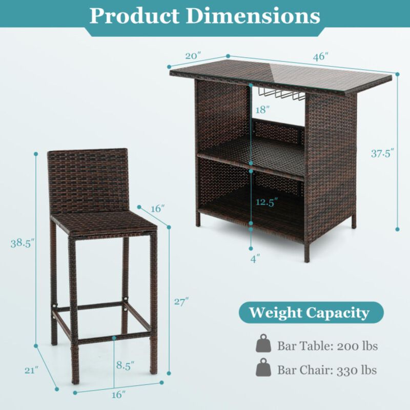 Hivvago 3 Pieces Outdoor Wicker Bar Set with 3 Rows Stemware Racks