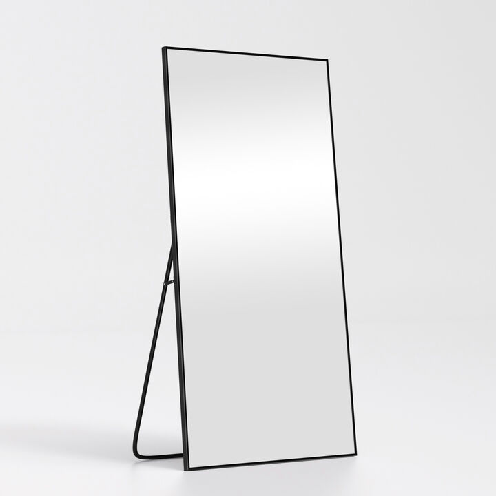 79*35 Modern Black Rectangle Metal Framed Full-length Mirror with Stand