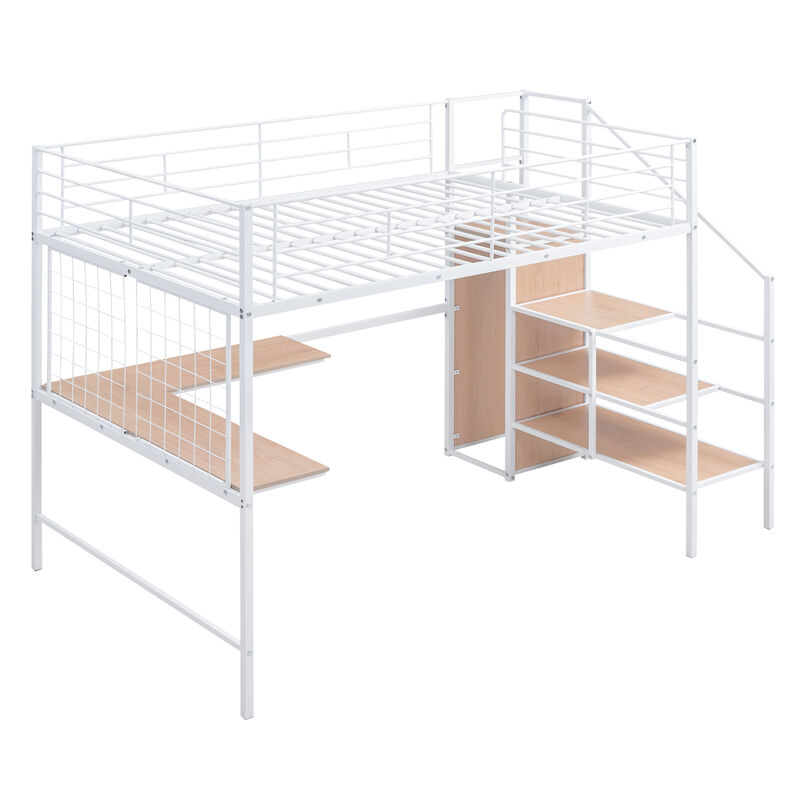 Merax  Metal Loft Bed with Desk and Wardrobe