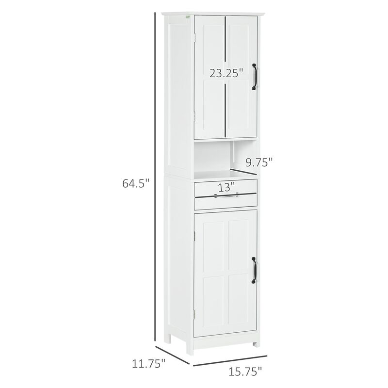 White Bathroom Organizer: Tall Slim Cabinet with Open Shelf & Drawer