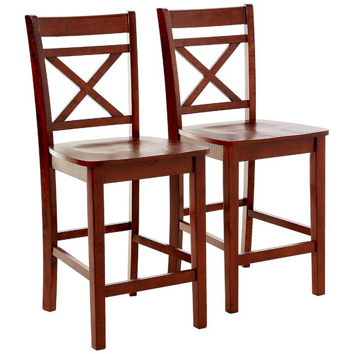 Wooden Counter Height Chair with Cross Back, Set of 2, Cherry Brown-Benzara
