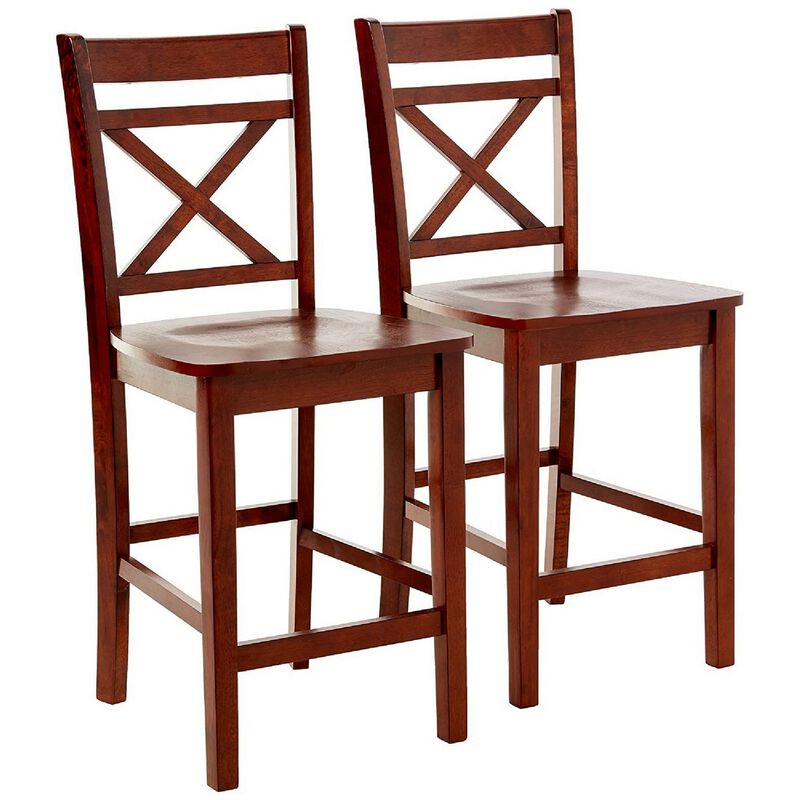 Wooden Counter Height Chair with Cross Back, Set of 2, Cherry Brown-Benzara