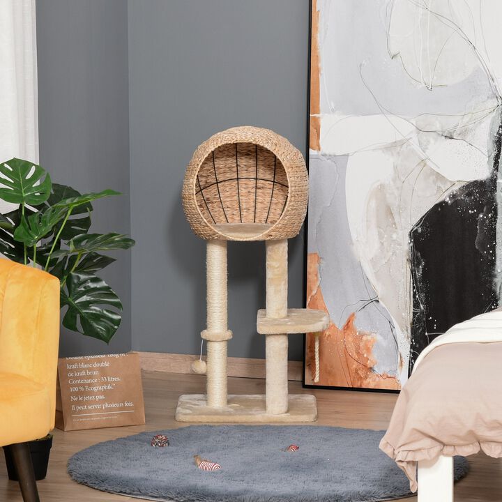 Beige Cat Playground: 39"H Modern Tree with Scratching Post and Condo