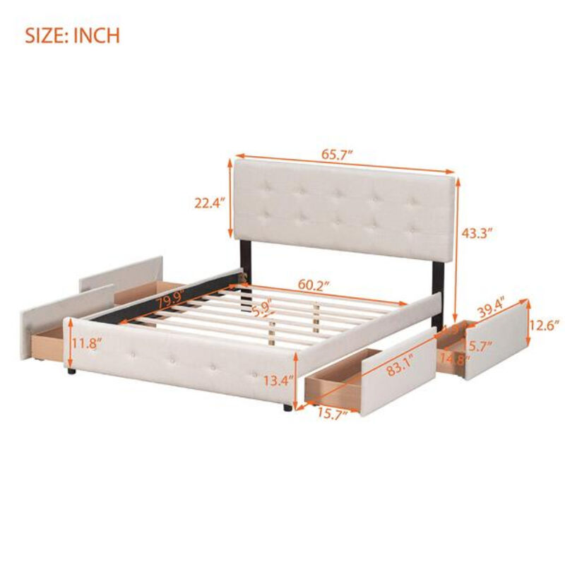 Linen Upholstered Platform Bed with 4 Drawers and Classic Headboard Design