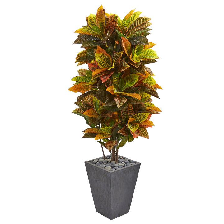 Hivvago 5.5" Croton Artificial Plant in Slate Planter (Real Touch)