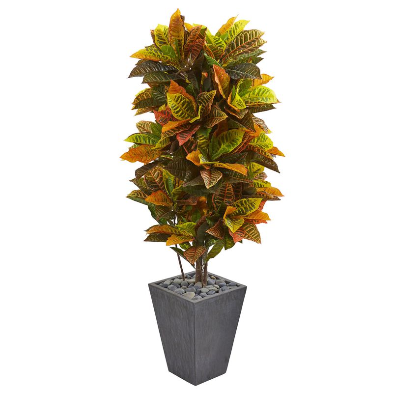 Hivvago 5.5" Croton Artificial Plant in Slate Planter (Real Touch)