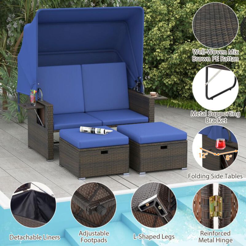 Hivvago Outdoor Patio Rattan Daybed with Retractable Canopy and Adjustable Backrests