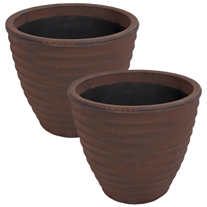Sunnydaze 13 in Ribbed Polyresin Outdoor Planter - Rust - Set of 2
