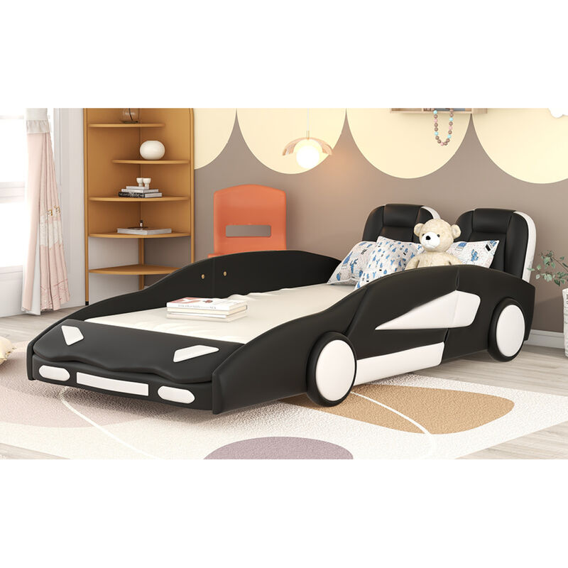 Twin Size Race Car-Shaped Platform Bed With Wheels