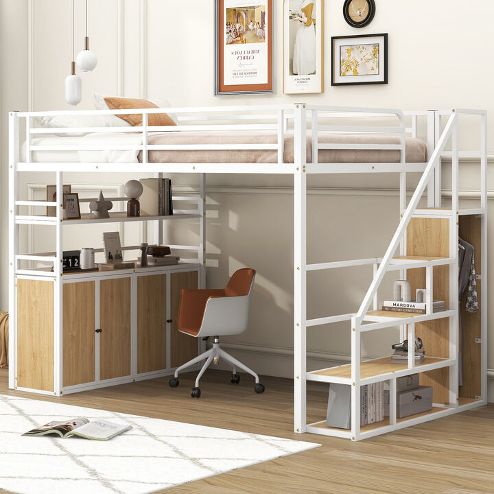 Merax Metal Loft Bed with Storage Staircase and Wardrobe