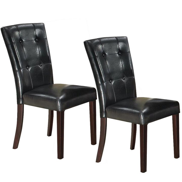 Dining Side Chair Set of 2, Button Tufted Black Faux Leather Upholstery - Benzara