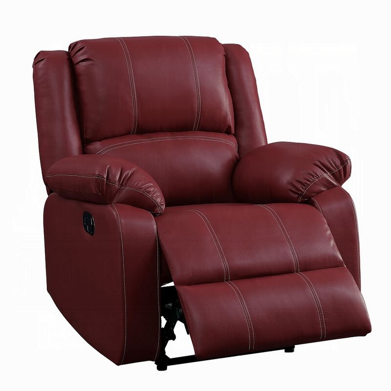 Zuru Motion Manual Rocker Recliner Chair, Plush Dark Red Faux Leather - Benzara