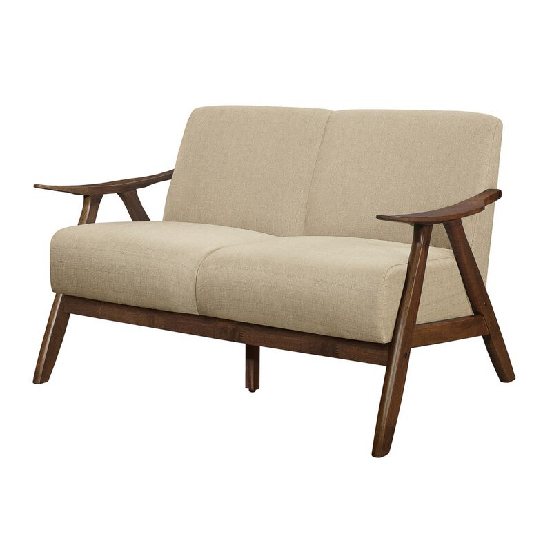 Indy 51 Inch Loveseat, Brown Rubberwood Angled Frame, Textured Beige Fabric - Benzara