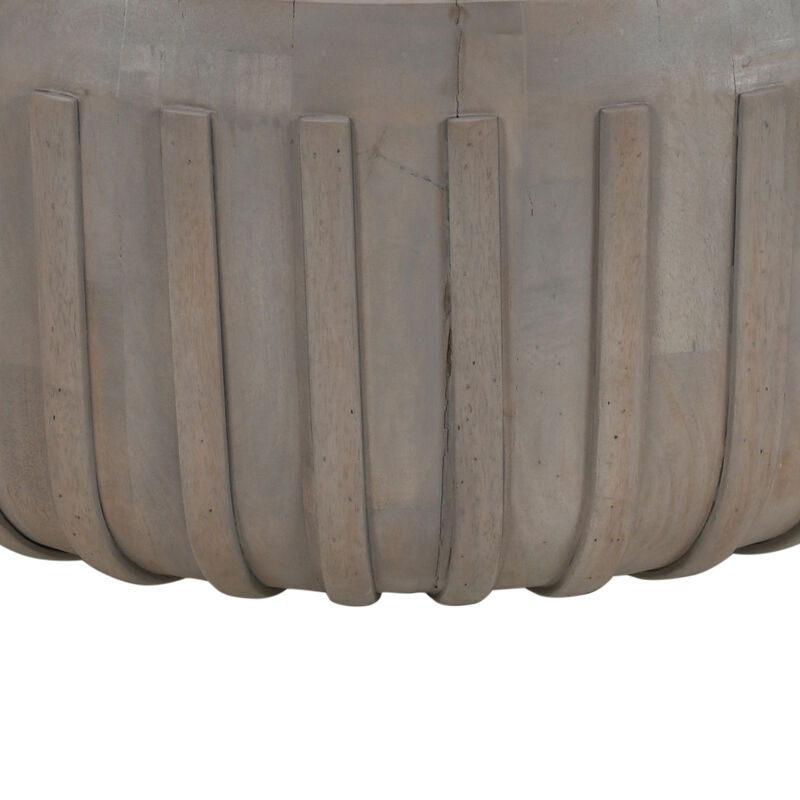 Alisha 36 Inch Coffee Table, Handcrafted Drum Shape with Ribbed Edges, Gray Mango Wood