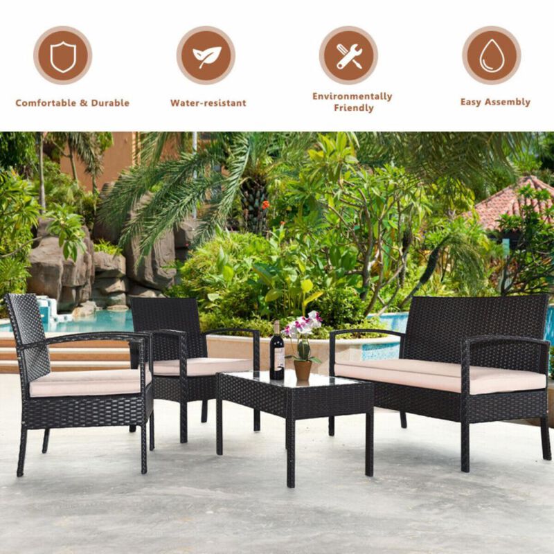 Hivvago 4 Pieces Patio Rattan Conversation Set with Loveseat Sofas and Coffee Table