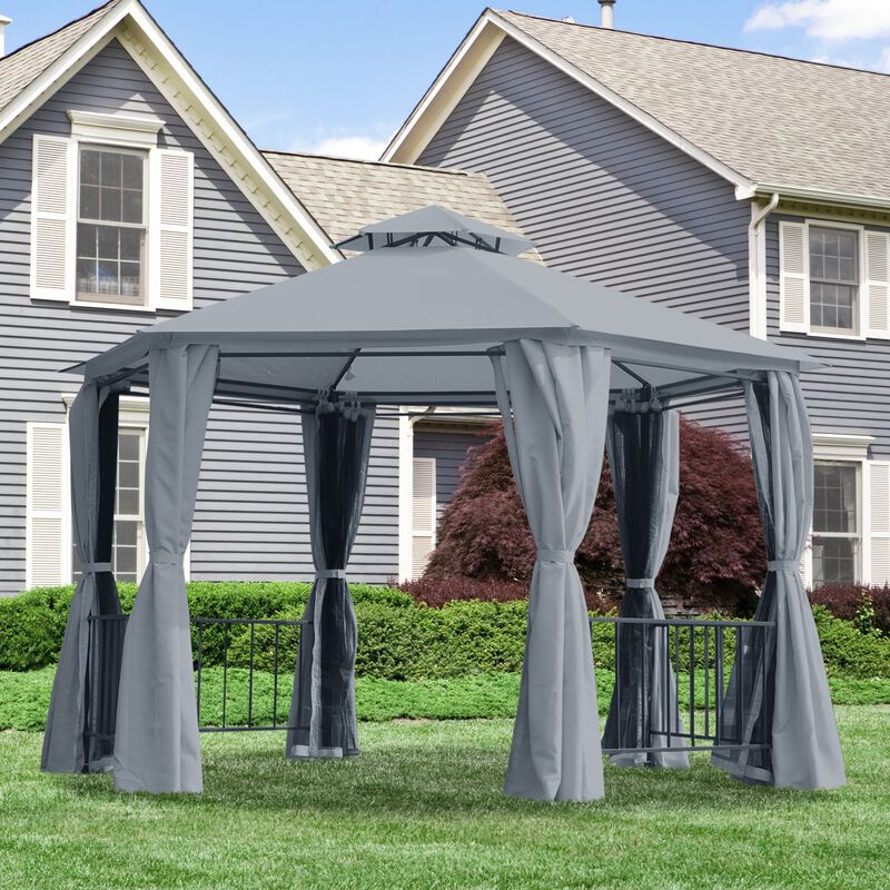 Gray Patio Canopy: 13'x13' Hexagon Gazebo with Double Tier Curtains