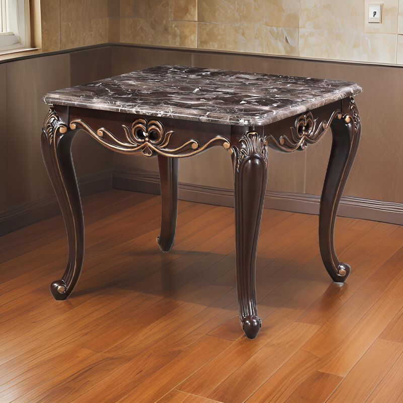 Cona 28 Inch Side End Table, Carved Gold Accents, Cherry Brown, Gray White - Benzara