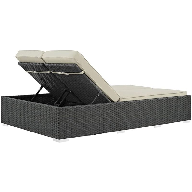 Modway Sojourn Wicker Rattan Outdoor Patio Sunbrella Fabric Double Chaise in Chocolate Beige