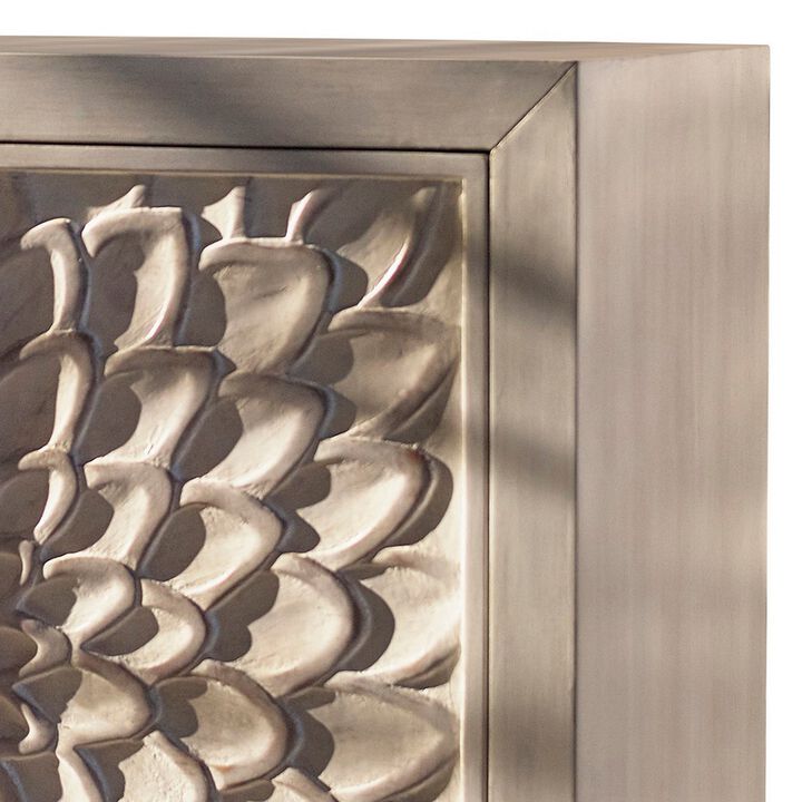 2 Door Wooden Accent Cabinet with Floral Carving, Distressed Whitewash-Benzara