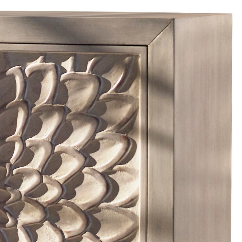2 Door Wooden Accent Cabinet with Floral Carving, Distressed Whitewash-Benzara