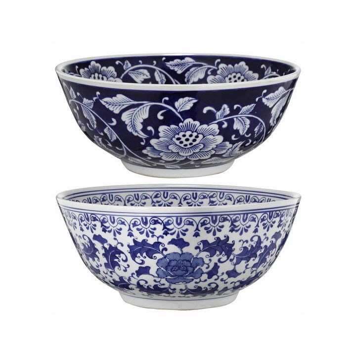 Round Ceramic Bowl with Floral Print, Set of 2, Blue And White, - Benzara