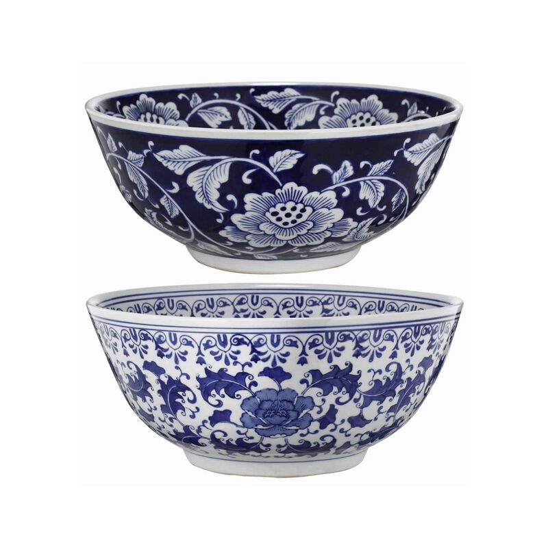 Round Ceramic Bowl with Floral Print, Set of 2, Blue And White, - Benzara