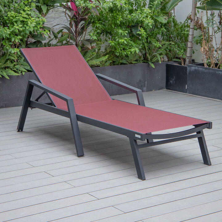 LeisureMod Marlin Patio Chaise Lounge Chair with Armrests – Black Aluminum Frame & Navy Blue Mesh for Outdoor Comfort