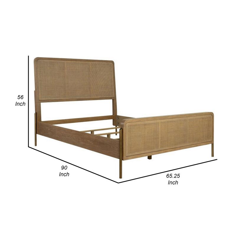 Sea Wood Queen Size Bed with Woven Cane Design, Open Panel, 4 Slats, Brown - Benzara