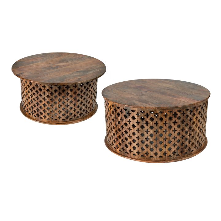 35, 34 Inch Coffee Table Set of 2, Mango Wood Lattice Design, Brown-Benzara
