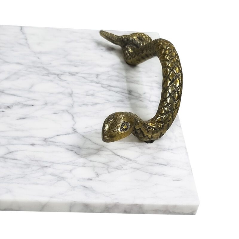 Mamba White Marble Decorative Serving Tray with Brass Snake Handles - Benzara