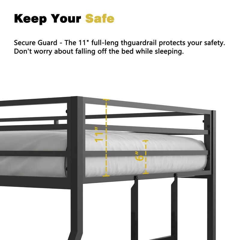 Adam Twin Over Full Metal Bunk Bed Frame, Sturdy Frame with Guardrails, Removable Ladder, No Box Spring Needed, Easy Assembly, Black