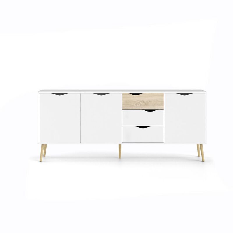 FurniFact White Sideboard Cabinet with Drawers - Stylish Fluted Cabinet for Storage