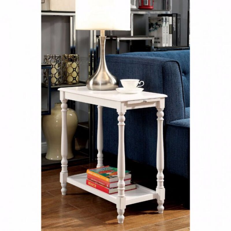 Wooden Side Table with Turned Legs and Open Shelf, White-Benzara