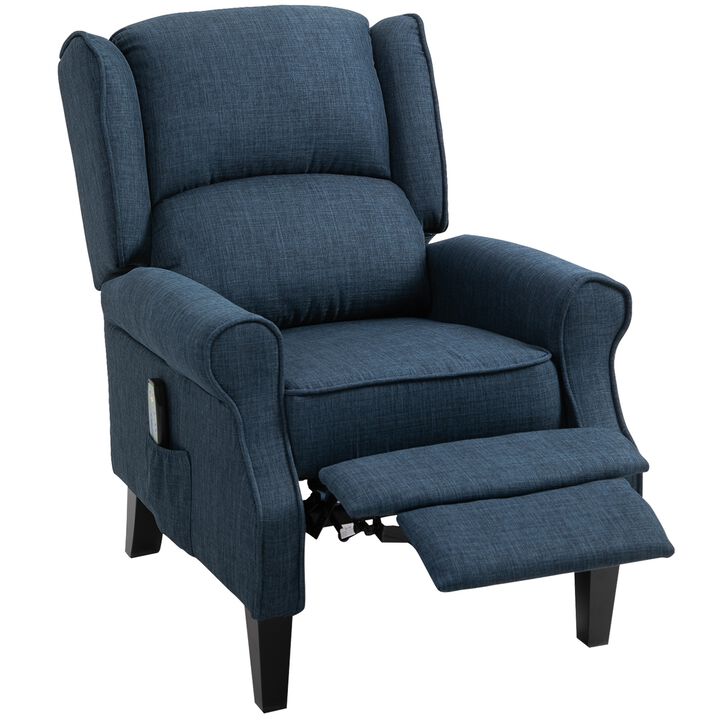 HOMCOM Vibrating Massage Recliner Chair for Living Room, Reclining Wingback Single Sofa with Heat, Linen Fabric Push Back Accent Chair with Footrest, Side Pocket, Dark Blue