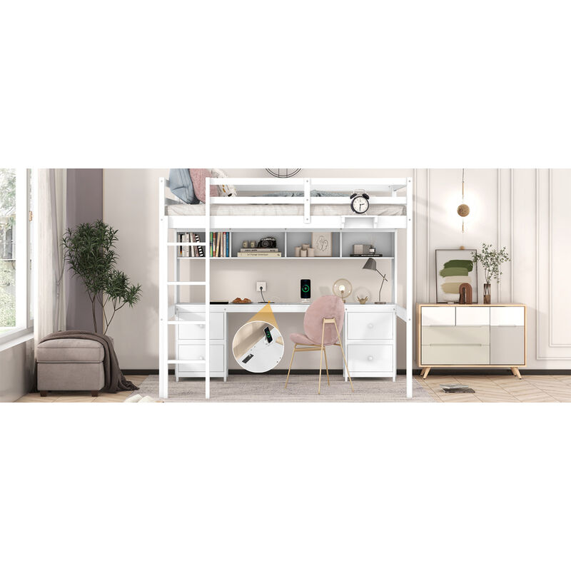 Full Size Loft Bed With Desk, Cabinets, Drawers And Bedside Tray, Charging Station