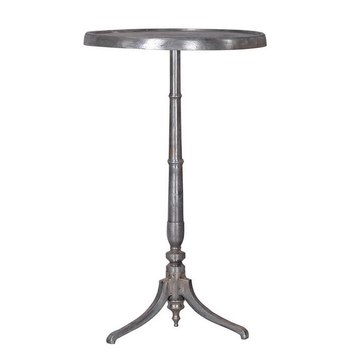 41 Inch Plant Stand Table, Round Top, Turned Base, Modern Silver Aluminium - Benzara