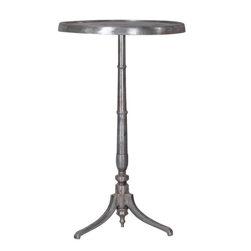 41 Inch Plant Stand Table, Round Top, Turned Base, Modern Silver Aluminium - Benzara