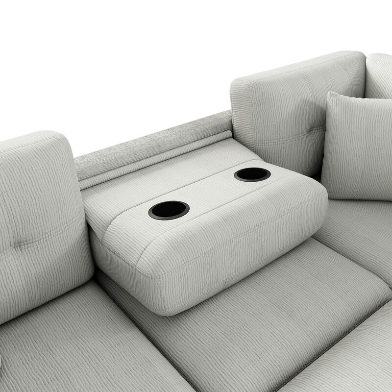 86.6" Sectional Sofa L-shaped Sofa Couch Pull-out Sofa Bed with a Movable Ottoman, Two USB Ports  and Two Cup Holders for Living Room, Beige