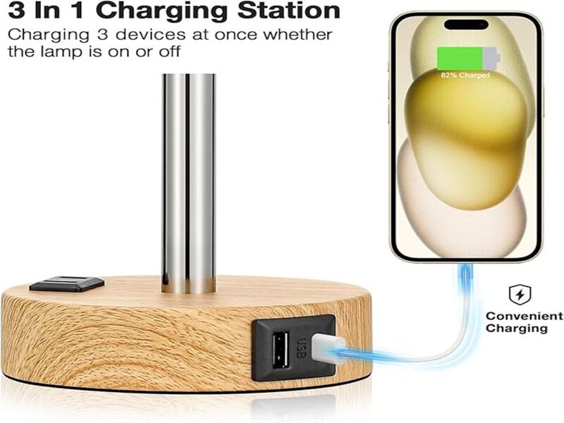 3-Way Dimmable Touch Bedside Lamp with USB-C, AC Outlet, Wood Base & LED Bulb