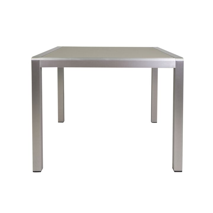 Kimi Outdoor Dining Table, Dark Gray Glass Top, Metal Frame, Square 35 Inch - Benzara