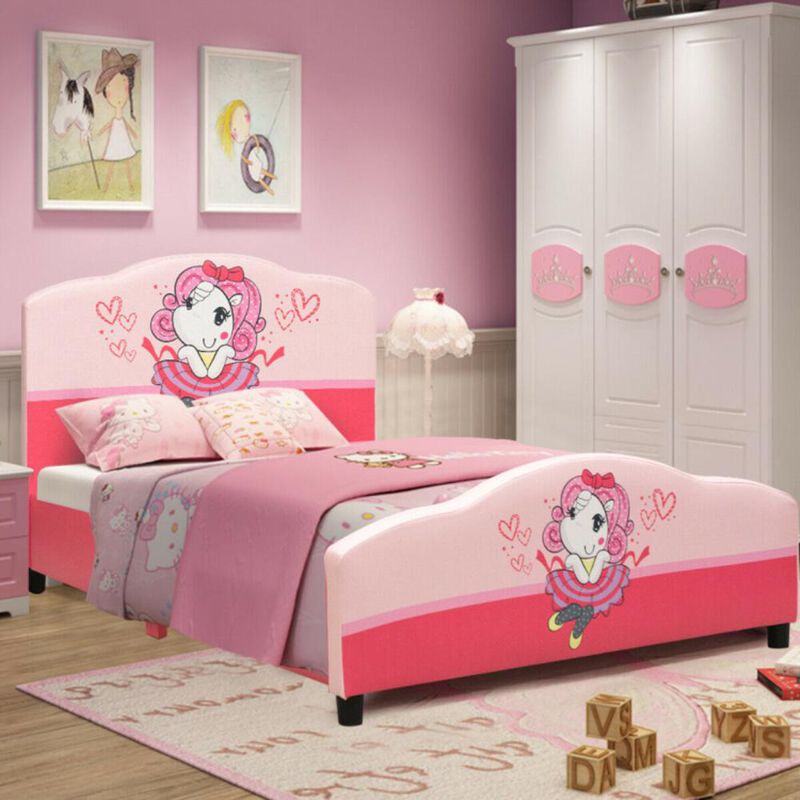 Hivvago Kids Children Upholstered Platform Toddler Girl Pattern Bed