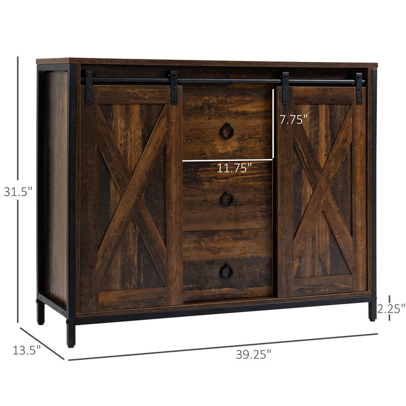 Rustic Brown Kitchen Storage: Buffet Cabinet with Barn Doors & Drawers