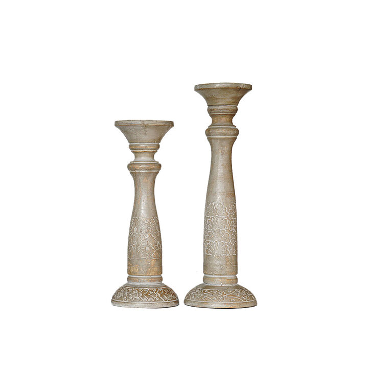 Traditional Gray Wash Eco-friendly Handmade Mango Wood Set Of Two 12" & 15" Pillar Candle Holder BBH Homes