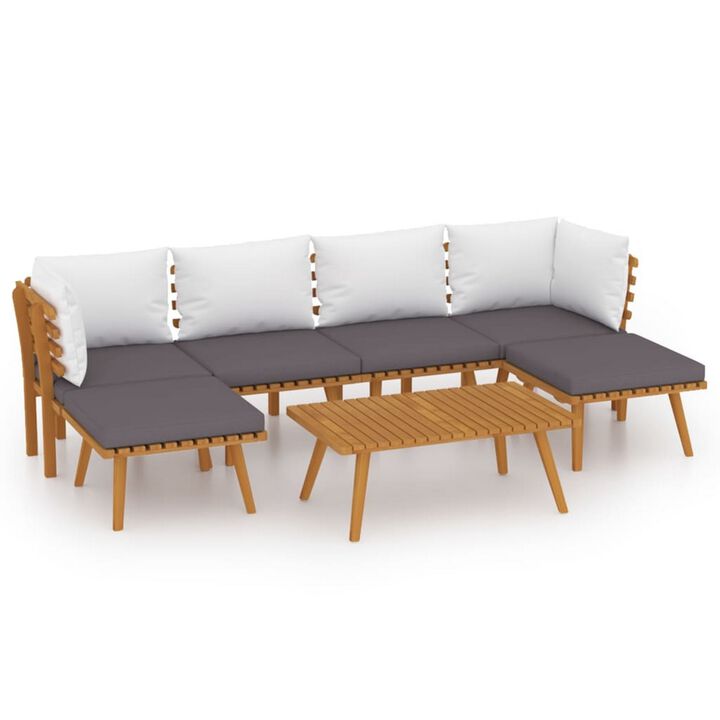 Roma 7pc Outdoor Modular Sofa Set, Table, White Cushions, Acacia Wood - Benzara