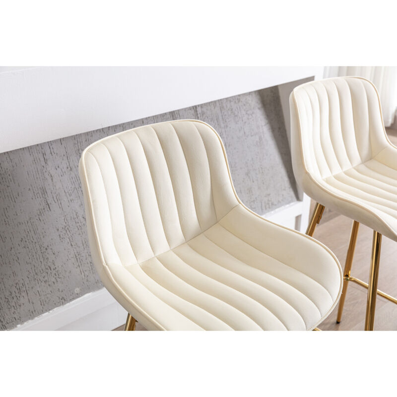 26 Inch Set of 2 Bar Stools, with Chrome Footrest Velvet Fabric Counter Stool Golden Leg Simple Bar Stool, CREAM